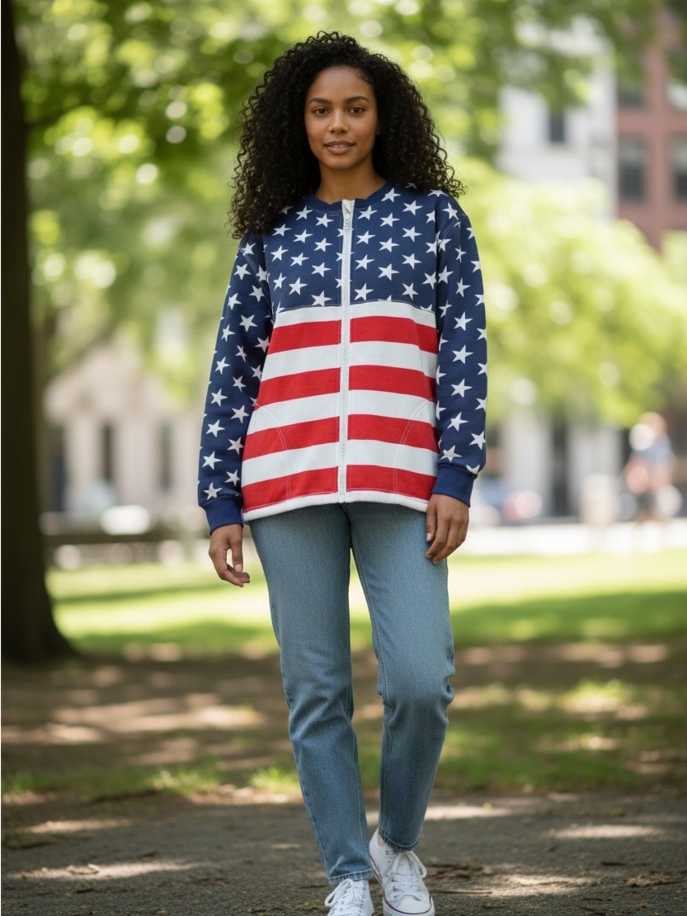 Isaac’s Designs Women’s M Full Zip Fleece Sweatshirt USA Flag Stars Rhinestone